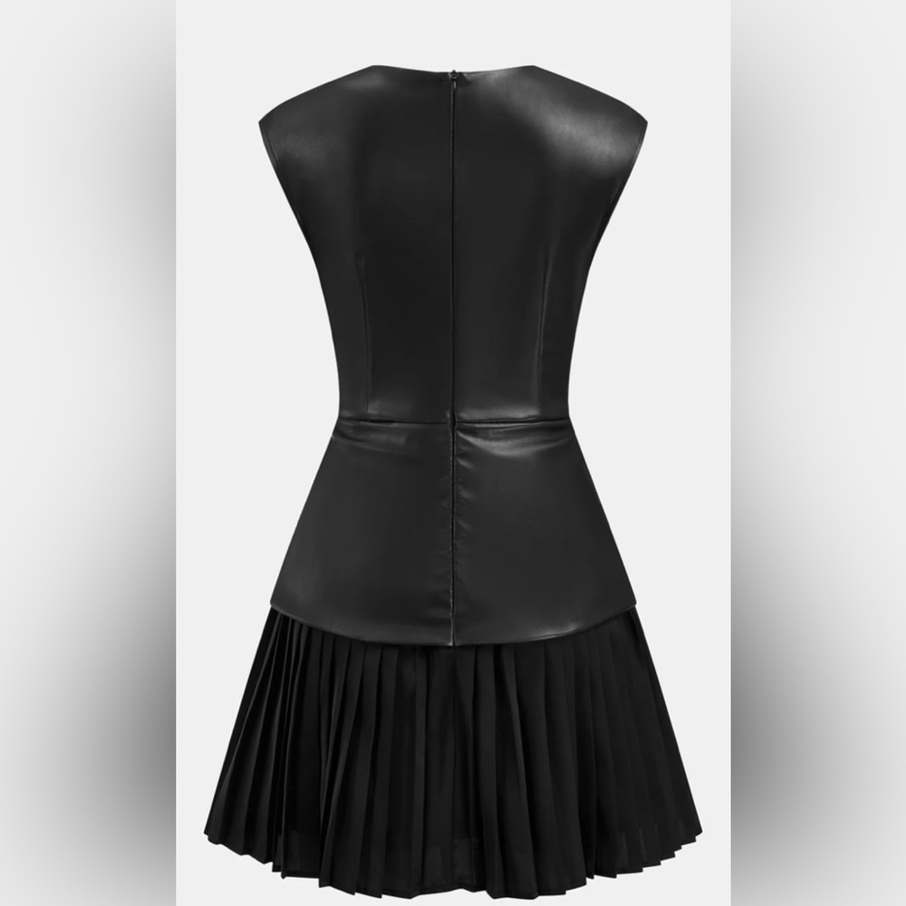 NWT- Mini Pleated Panel Sleeveless PU Leather Dress - Picture 3 of 7